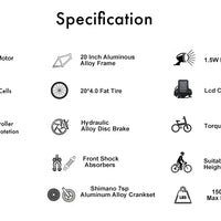 HKM-439763 Electric Fat Tire City Bike, 20 Inch, 250W Rear Hub Motor, 7-Speed, 48V Lithium Battery, Hydraulic Disc Brake, Eco-Friendly