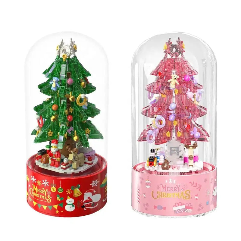 HKM-440275 DIY Christmas Tree Building Blocks Music Box with Lights and Snowflake Effect