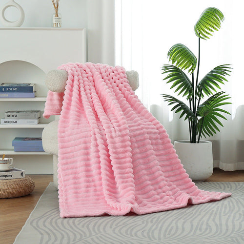 HKM-440339 Super Soft Modern Strip Pattern Polyester Fiber Sofa Blanket - Versatile for All Seasons, Available in White and Pink