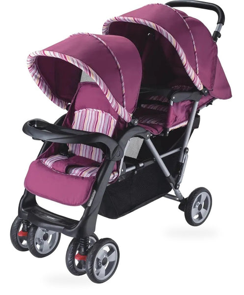 HKM-4404563 Tandem Twin Stroller with Striped Inlays Dual Canopies Child Tray Five-Point Harnesses and an Under-Seat Basket