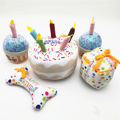 HKM-4407101 Dog Birthday Cake Plush Toy Set - Short Plush Material, Multiple Sizes Available