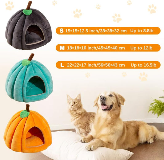 HKM-4410685 Cozy Pumpkin Cat Bed for Indoor Cats and Small Pets - Soft, Warm Cat Cave with Removable Washable Mat
