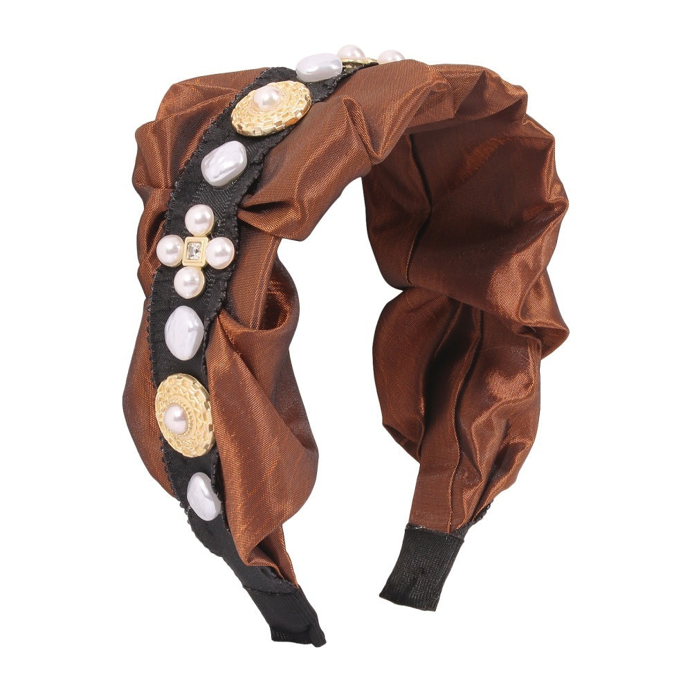HKM-441171 Retro Style Imitation Pearl Press Hair Headband for Women, Fabric and Alloy, Available in Brown and Gray