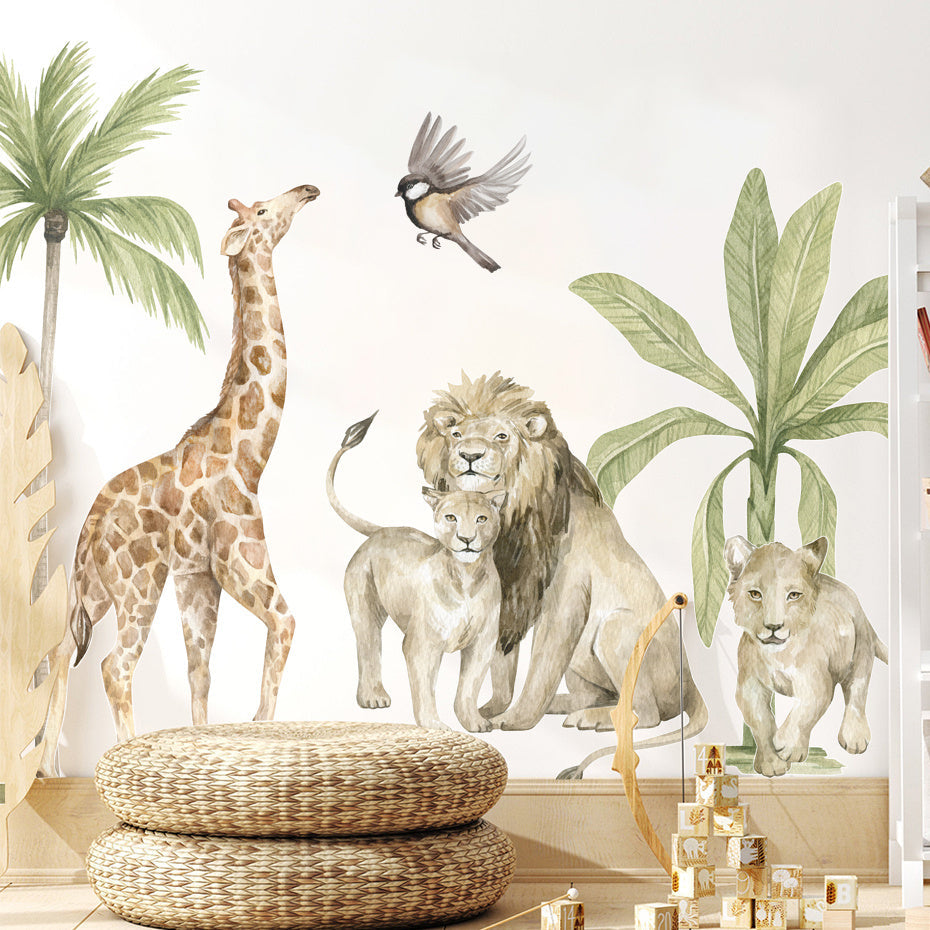 HKM-441427 Boho Large Tropical Tree Wall Sticker with African Wildlife Design for Children's Rooms and Living Spaces