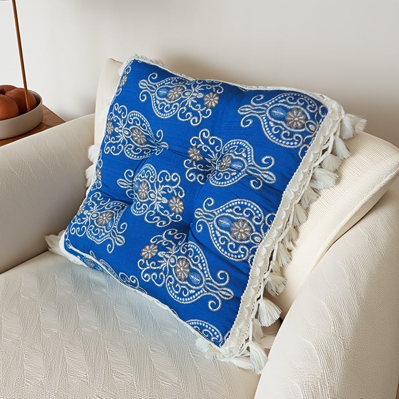 HKM-441427 Boho Tassel Cushion with Elegant Blue Floral Design, 40x40cm, Ideal Decorative Support for Chairs and Sofas