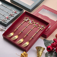 HKM-441555 Golden Five-pointed Star Dessert Fork Set – Stainless Steel, 4 or 6 Pieces, Gift-Ready Boxes in Red or Green for Various Occasions