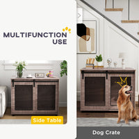 HKM-4416829 Walnut Brown Dog Crate Furniture with Sliding Barn Door for Large Dogs, 39" End Table Design