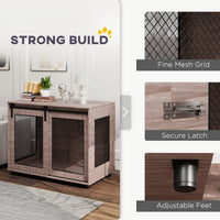 HKM-4416829 Walnut Brown Dog Crate Furniture with Sliding Barn Door for Large Dogs, 39" End Table Design