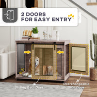 HKM-4416829 Walnut Brown Dog Crate Furniture with Sliding Barn Door for Large Dogs, 39" End Table Design