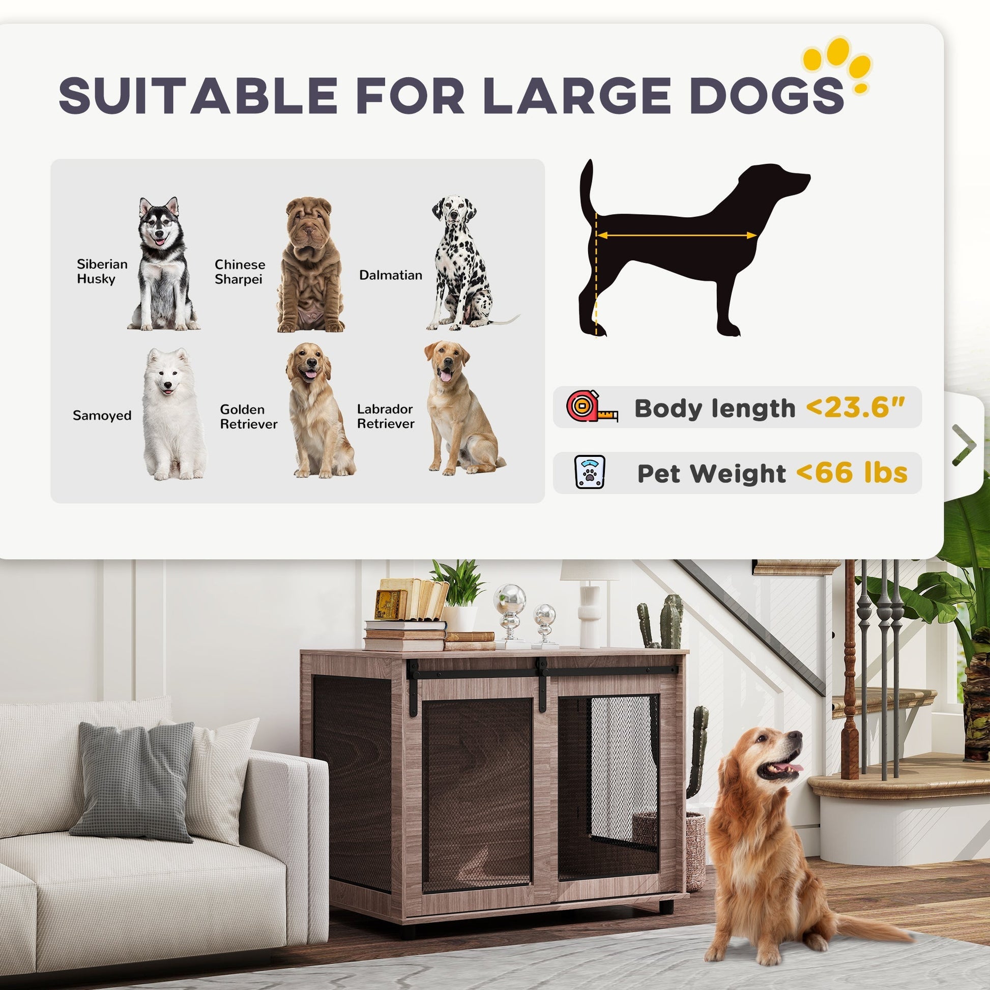 HKM-4416829 Walnut Brown Dog Crate Furniture with Sliding Barn Door for Large Dogs, 39" End Table Design