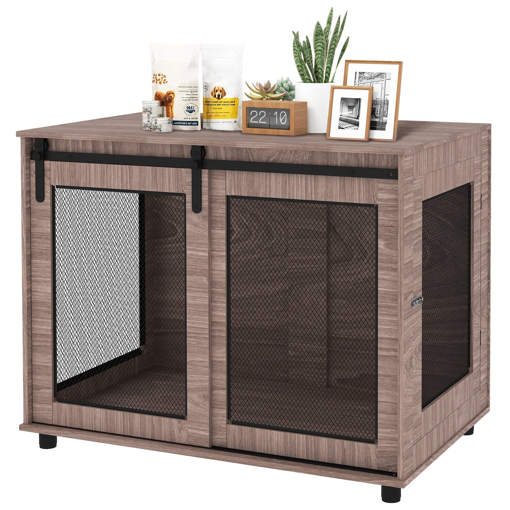 HKM-4416829 Walnut Brown Dog Crate Furniture with Sliding Barn Door for Large Dogs, 39" End Table Design