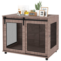 HKM-4416829 Walnut Brown Dog Crate Furniture with Sliding Barn Door for Large Dogs, 39" End Table Design