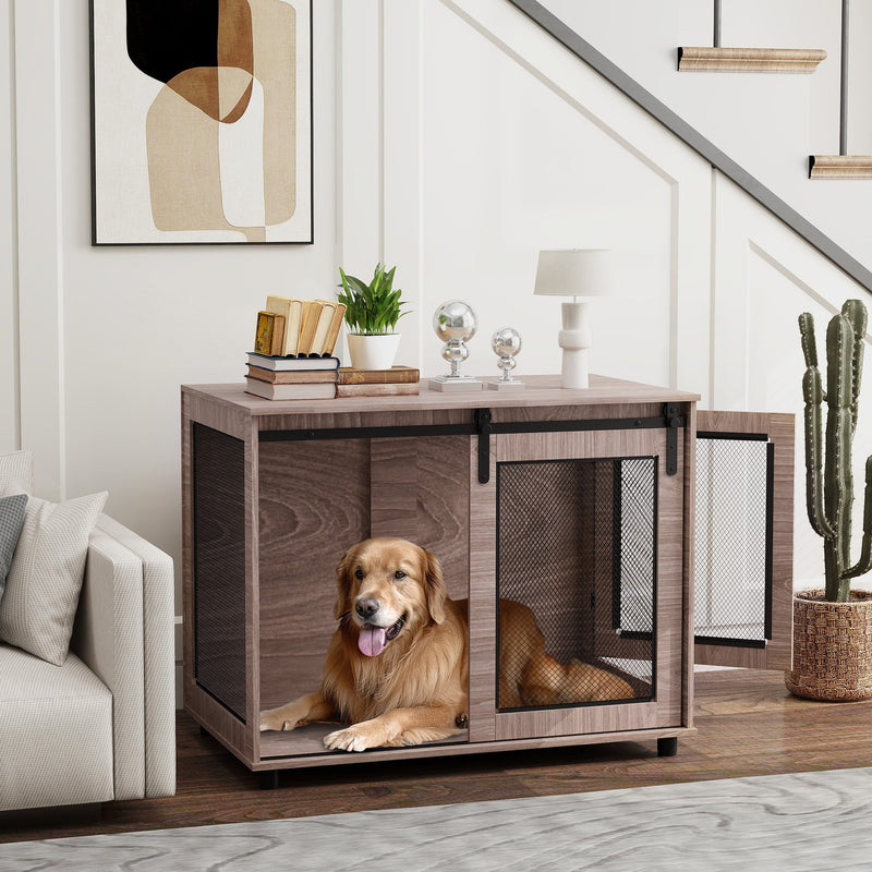 HKM-4416829 Walnut Brown Dog Crate Furniture with Sliding Barn Door for Large Dogs, 39" End Table Design