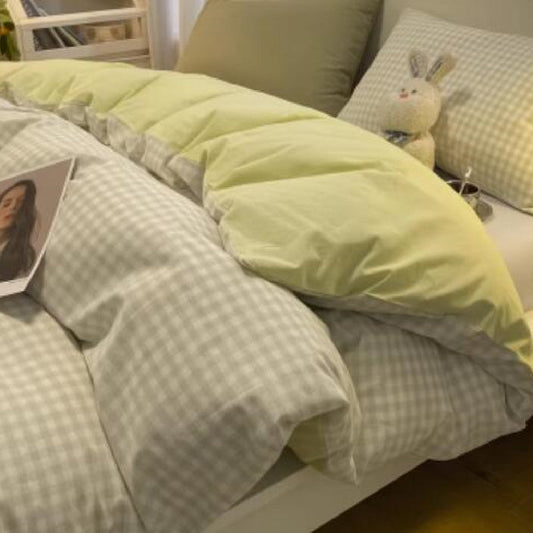 HKM-441747 Minimalist Washed Cotton Bed Set - 4 Pieces with Duvet Cover, Pillowcase, and Bed Sheet in Multiple Sizes