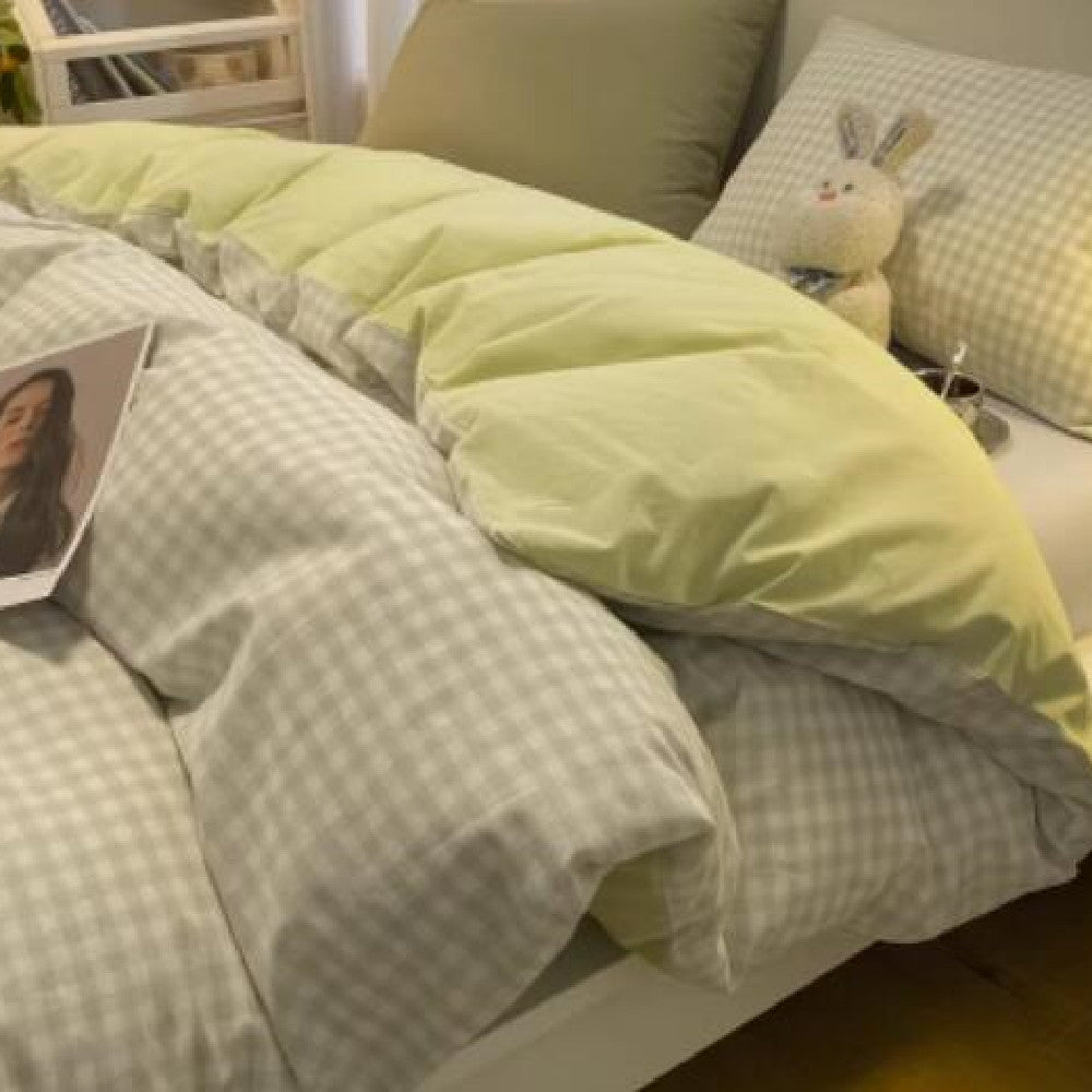 HKM-441747 Minimalist Washed Cotton Bed Set - 4 Pieces with Duvet Cover, Pillowcase, and Bed Sheet in Multiple Sizes