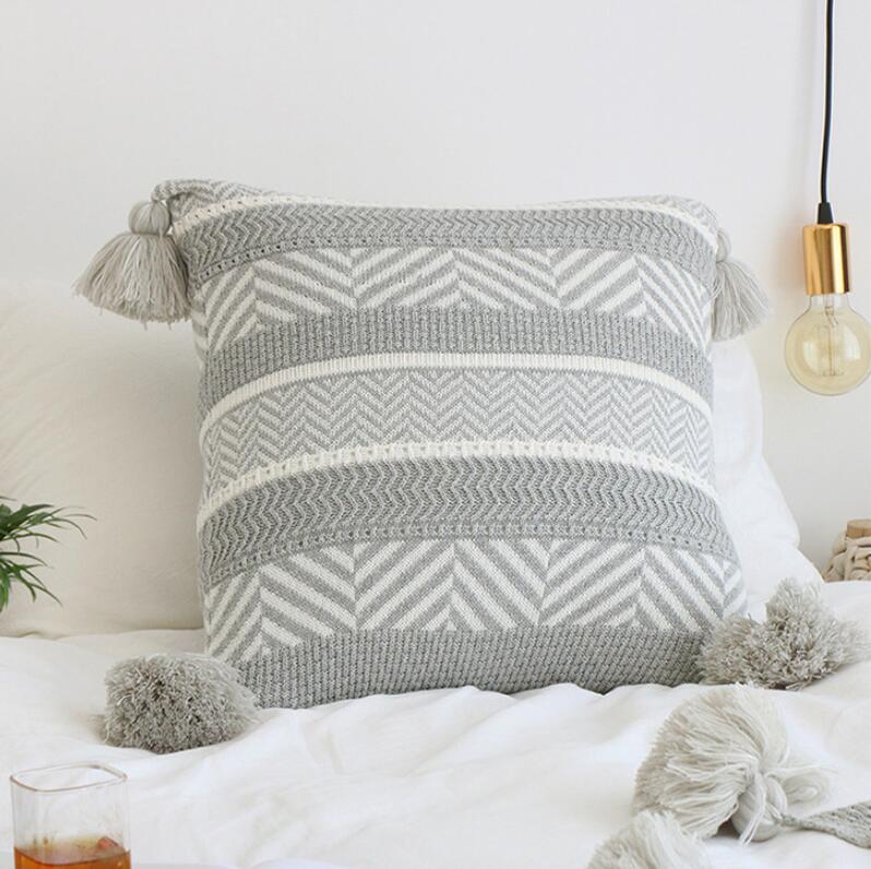 HKM-441747 Tufted Gray Bohemian Pillow Cushion - Retro Ethnic Style Decor