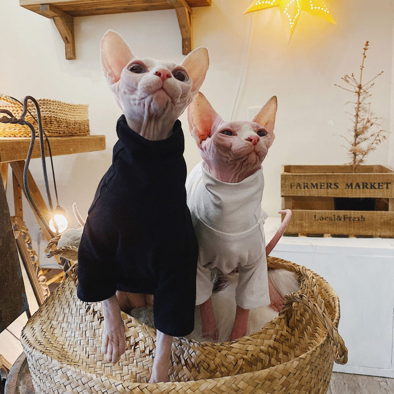 HKM-4419517 Casual Cotton Hypoallergenic T-Shirt for Hairless Cats in Black and White
