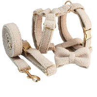 HKM-4420925 Minimalist Cream Pet Collar and Harness Set with Leash and Bow