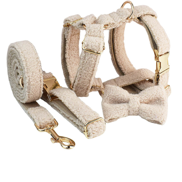 HKM-4420925 Minimalist Cream Pet Collar and Harness Set with Leash and Bow