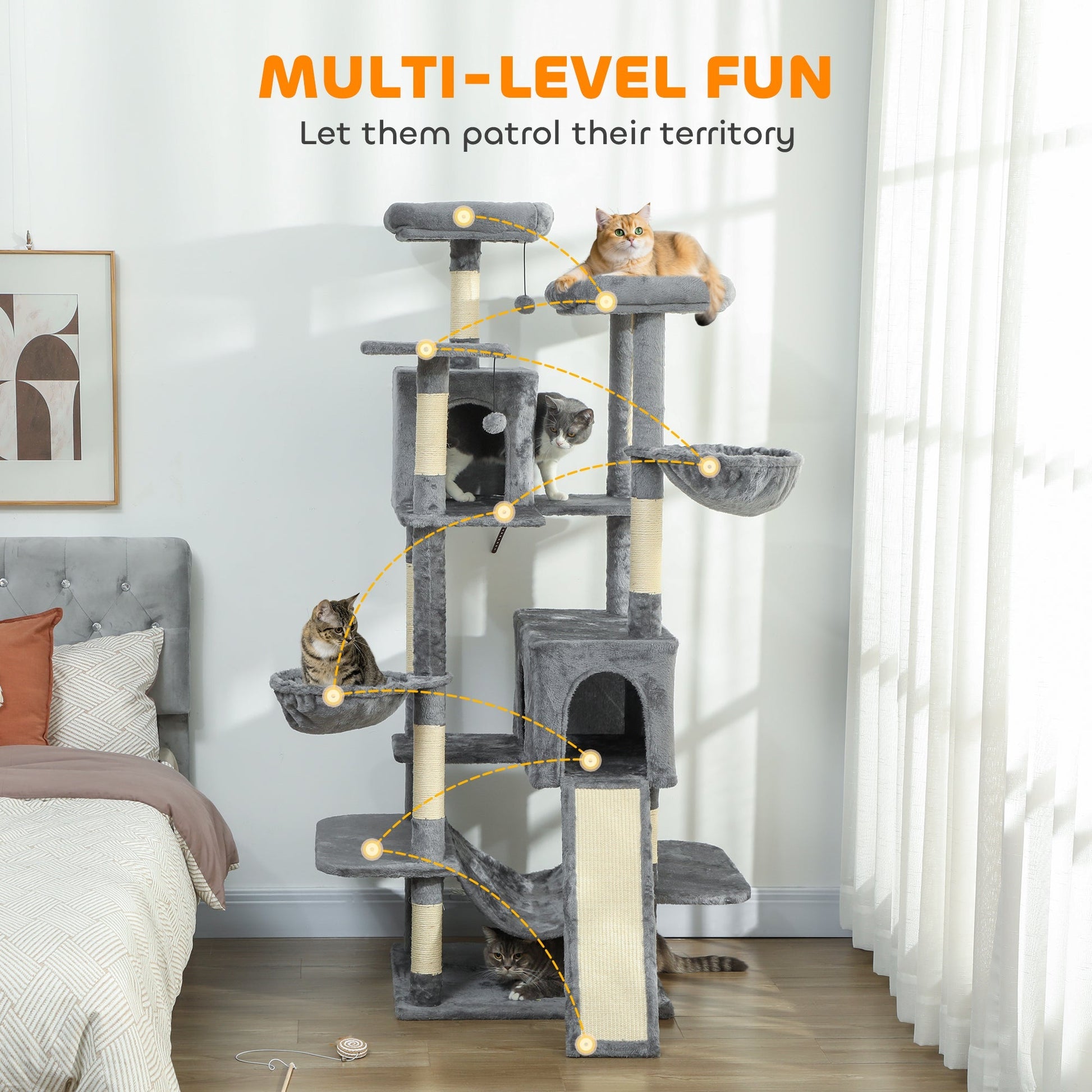 HKM-4422205 Multi-Level Cat Tree Tower with 2 Condos, 3 Hammocks, 8 Scratching Posts, Dark Gray