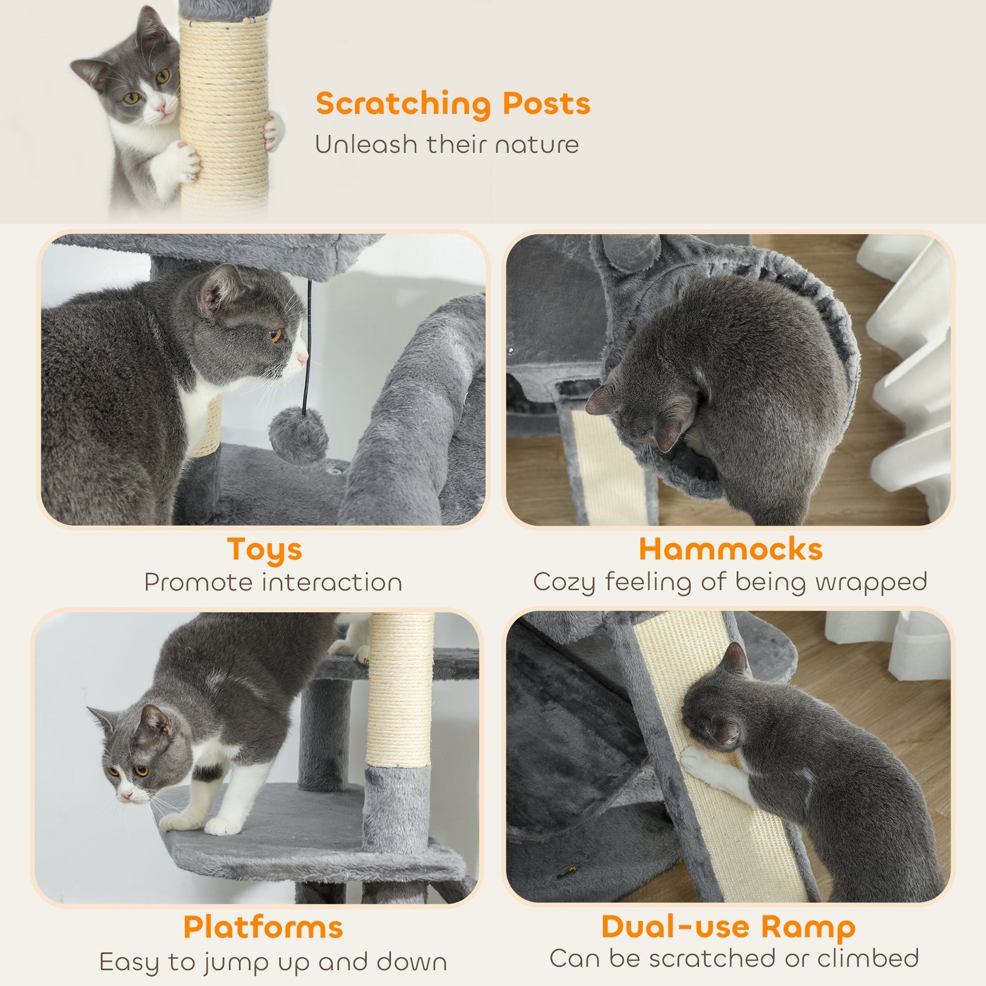 HKM-4422205 Multi-Level Cat Tree Tower with 2 Condos, 3 Hammocks, 8 Scratching Posts, Dark Gray