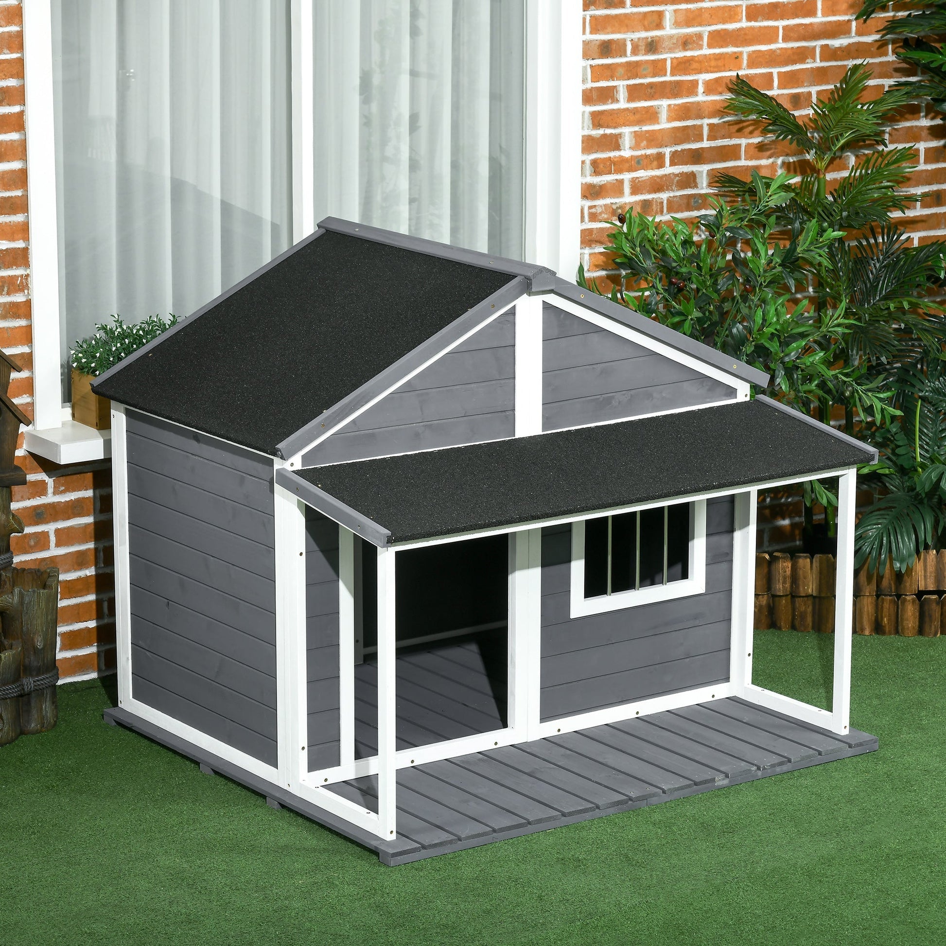 HKM-4422589 Outdoor Cabin-Style Dog House for Medium Dogs up to 53 lbs, Gray Fir Wood with Porch and Asphalt Roof