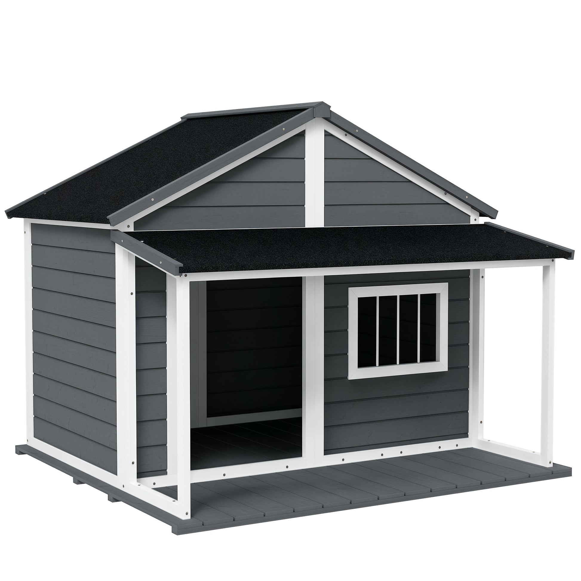 HKM-4422589 Outdoor Cabin-Style Dog House for Medium Dogs up to 53 lbs, Gray Fir Wood with Porch and Asphalt Roof