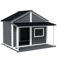 HKM-4422589 Outdoor Cabin-Style Dog House for Medium Dogs up to 53 lbs, Gray Fir Wood with Porch and Asphalt Roof