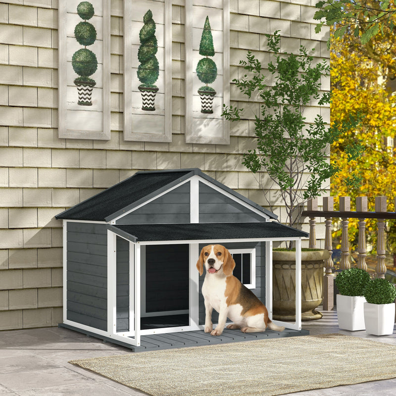 HKM-4422589 Outdoor Cabin-Style Dog House for Medium Dogs up to 53 lbs, Gray Fir Wood with Porch and Asphalt Roof