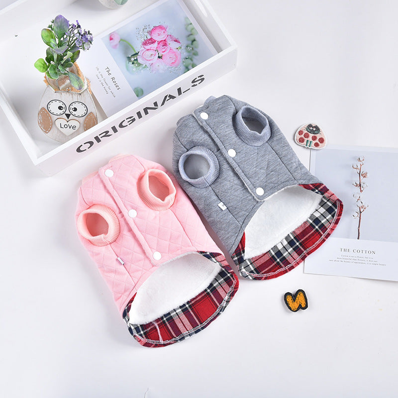 HKM-4424509 Warm Teddy Top for Small Dogs - Two-Legged Rhombus Design in Gray and Pink, Multiple Sizes Available