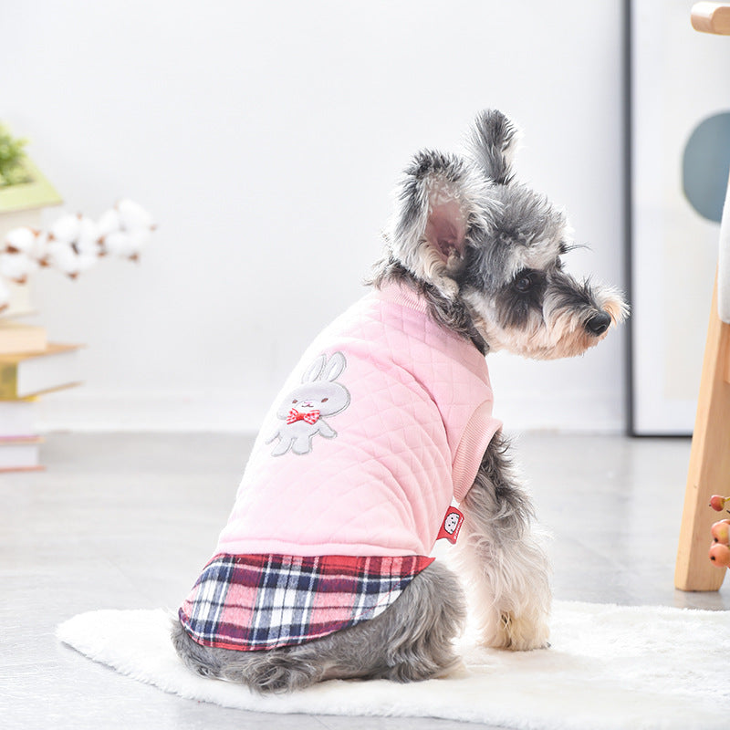 HKM-4424509 Warm Teddy Top for Small Dogs - Two-Legged Rhombus Design in Gray and Pink, Multiple Sizes Available