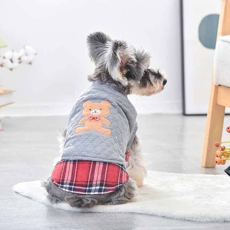 HKM-4424509 Warm Teddy Top for Small Dogs - Two-Legged Rhombus Design in Gray and Pink, Multiple Sizes Available
