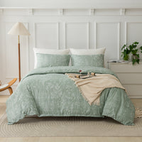 HKM-442579 Hand-Painted Green Plant & Flower Quilt Set - Three-Piece Bedding Collection