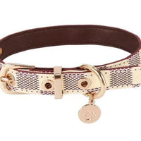 HKM-4426685 Floral Pattern PU Leather Pet Collar with Matching Leash - Milky White, Brown, Dark Gray Plads