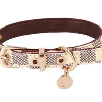 HKM-4426685 Floral Pattern PU Leather Pet Collar with Matching Leash - Milky White, Brown, Dark Gray Plads