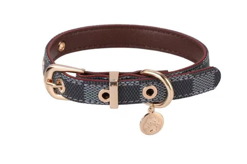 HKM-4426685 Floral Pattern PU Leather Pet Collar with Matching Leash - Milky White, Brown, Dark Gray Plads