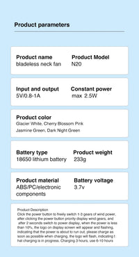 HKM-442771 Bladeless Neck Fan with 4000mAh Rechargeable Battery - USB Portable Low Noise Air Cooler