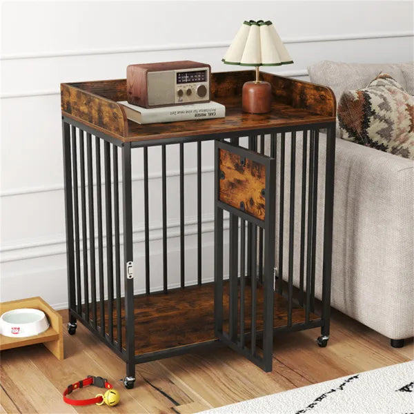 HKM-4428349 2-in-1 Pet Crate Furniture with Lockable Wheels and Sturdy Metal Frame for Small Dogs
