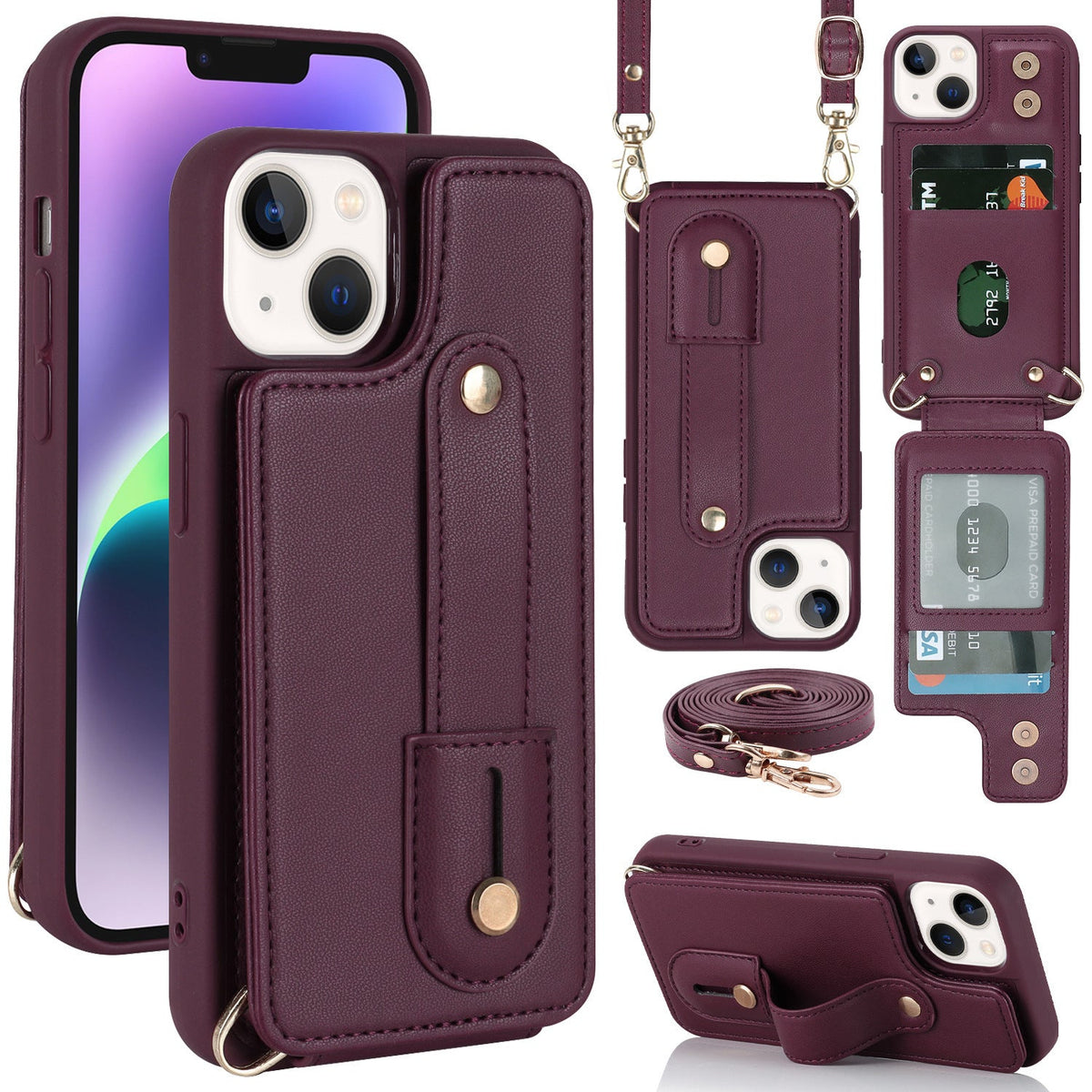 HKM-442835 Multi-Functional TPU Phone Case with Card Holder and Kickstand for iPhone 14, 15, 16 Series