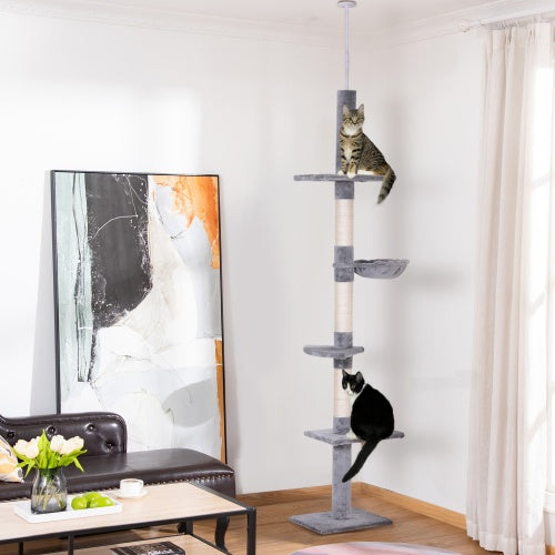 HKM-442899 Adjustable 9' Height Cat Tree with 5 Platforms and Scratching Areas - Grey and White