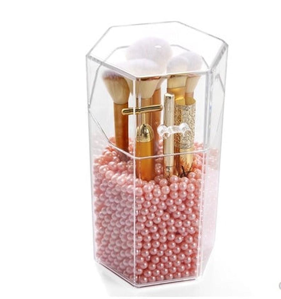 HKM-442963 Acrylic Makeup Brush Storage Bucket with Six-Sided Design – Clear and Elegant for Bedroom Organization