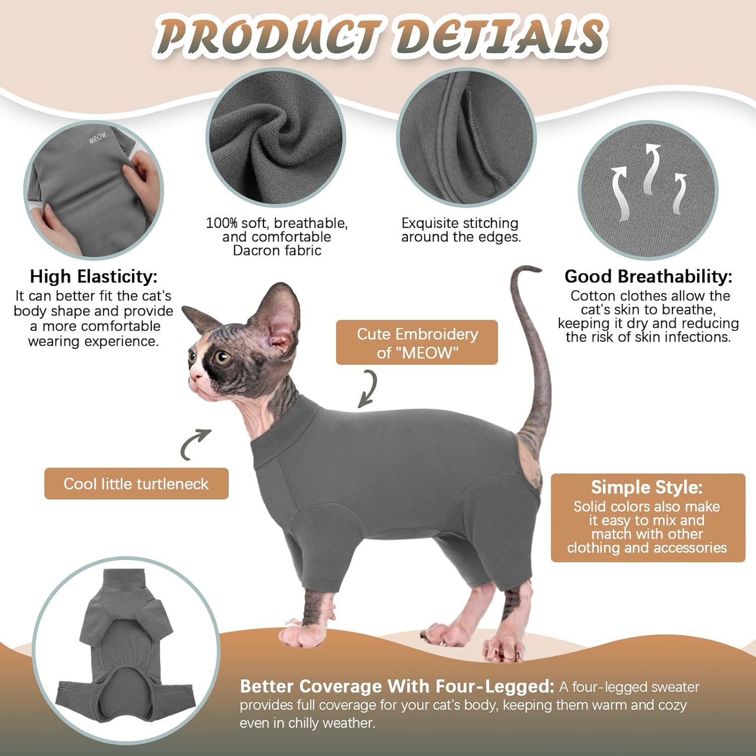 HKM-4431933 Soft Warm Turtleneck Sweater for Hairless Cats and Puppies - Comfortable Winter Pajamas with Sleeves