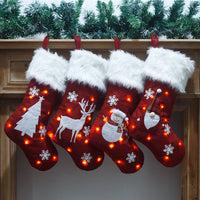 HKM-443347 Light-Up Christmas Sock Gift Bag with Burlap Embroidery - 47x29cm, Includes Battery Box (Batteries Not Included)