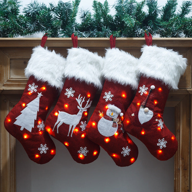 HKM-443347 Light-Up Christmas Sock Gift Bag with Burlap Embroidery - 47x29cm, Includes Battery Box (Batteries Not Included)
