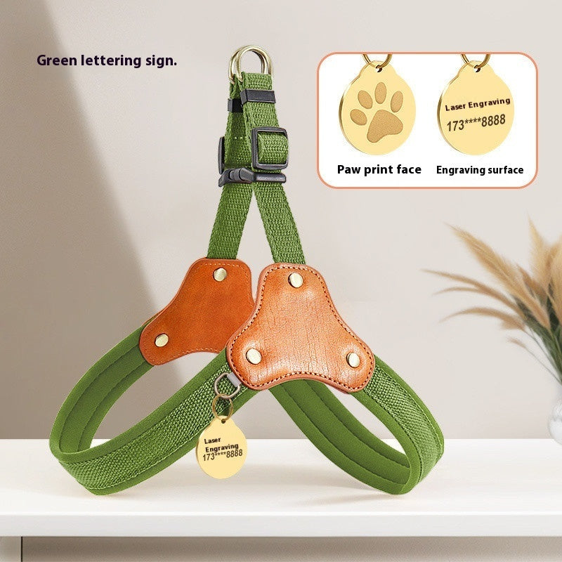 HKM-4433725 Small Dog Chest and Back Leash with Engraved Plaque - Durable Cloth Pet Harness