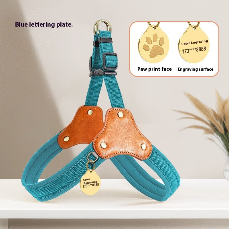 HKM-4433725 Small Dog Chest and Back Leash with Engraved Plaque - Durable Cloth Pet Harness