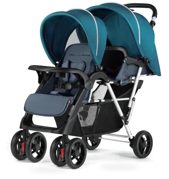 HKM-4437331 Tandem Twin Stroller with Stadium Seating Dual Canopies Child Tray Five-Point Harnesses and an Under-Seat Basket