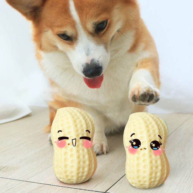HKM-4437693 Durable Peanut Squeaky Chew Toy for Small to Medium Dogs and Puppies - Eco-Friendly Rubber with Tooth Cleaning Features