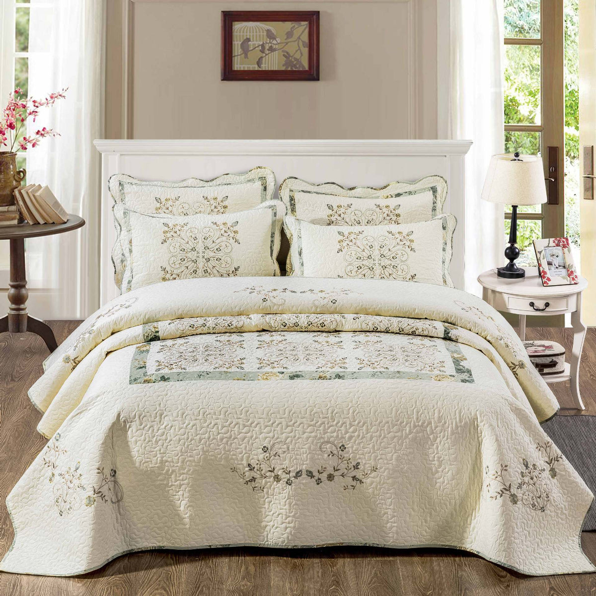 HKM-444051 Pure Cotton Embroidered Bedspread Set with Plant and Flower Patterns, Available in Two Sizes