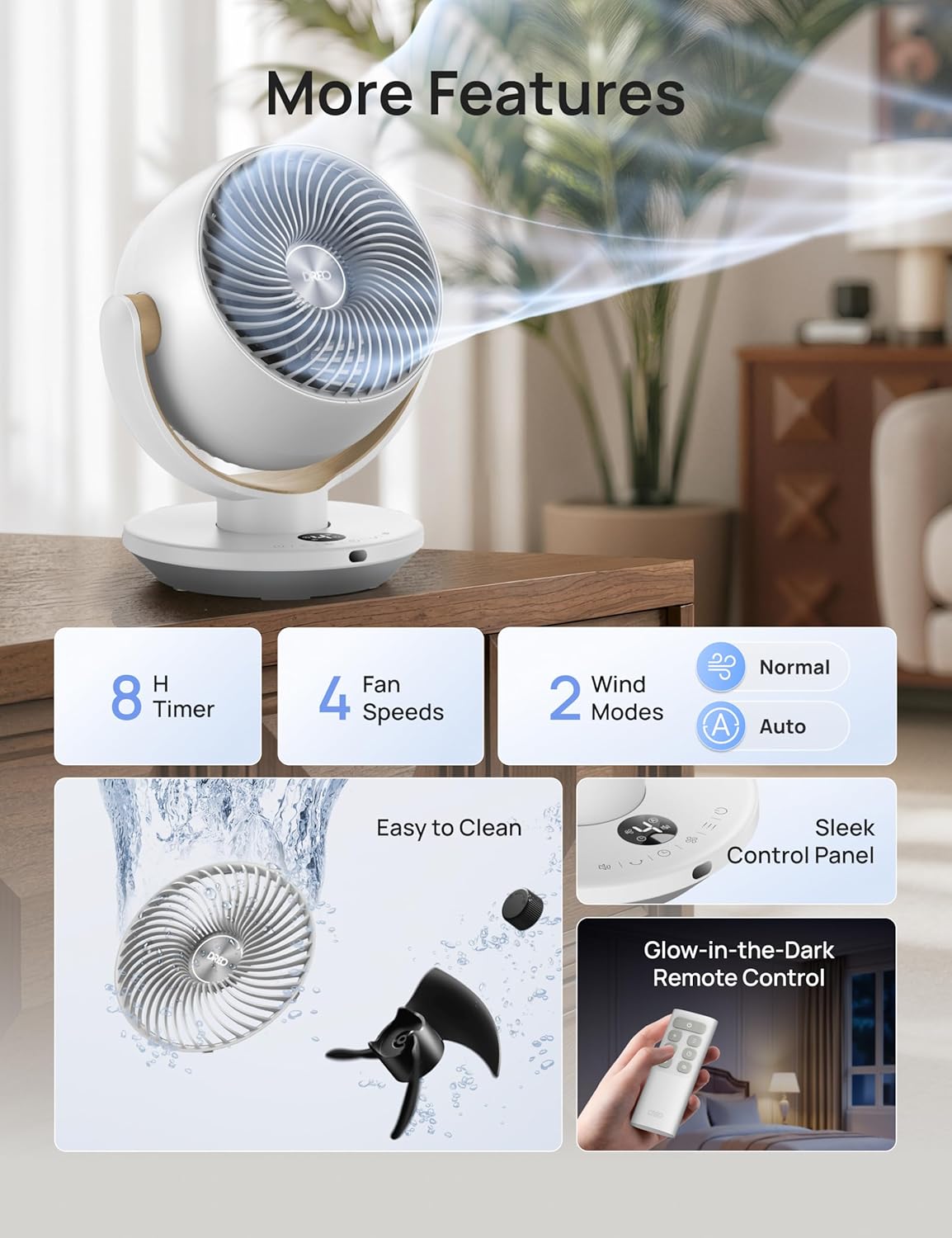 HKM-4443475 11 Inch Table Fan with Remote, 4 Speeds, 90° Oscillation, 120° Tilt, 25dB Quiet Operation, 8H Timer, 65ft Airflow